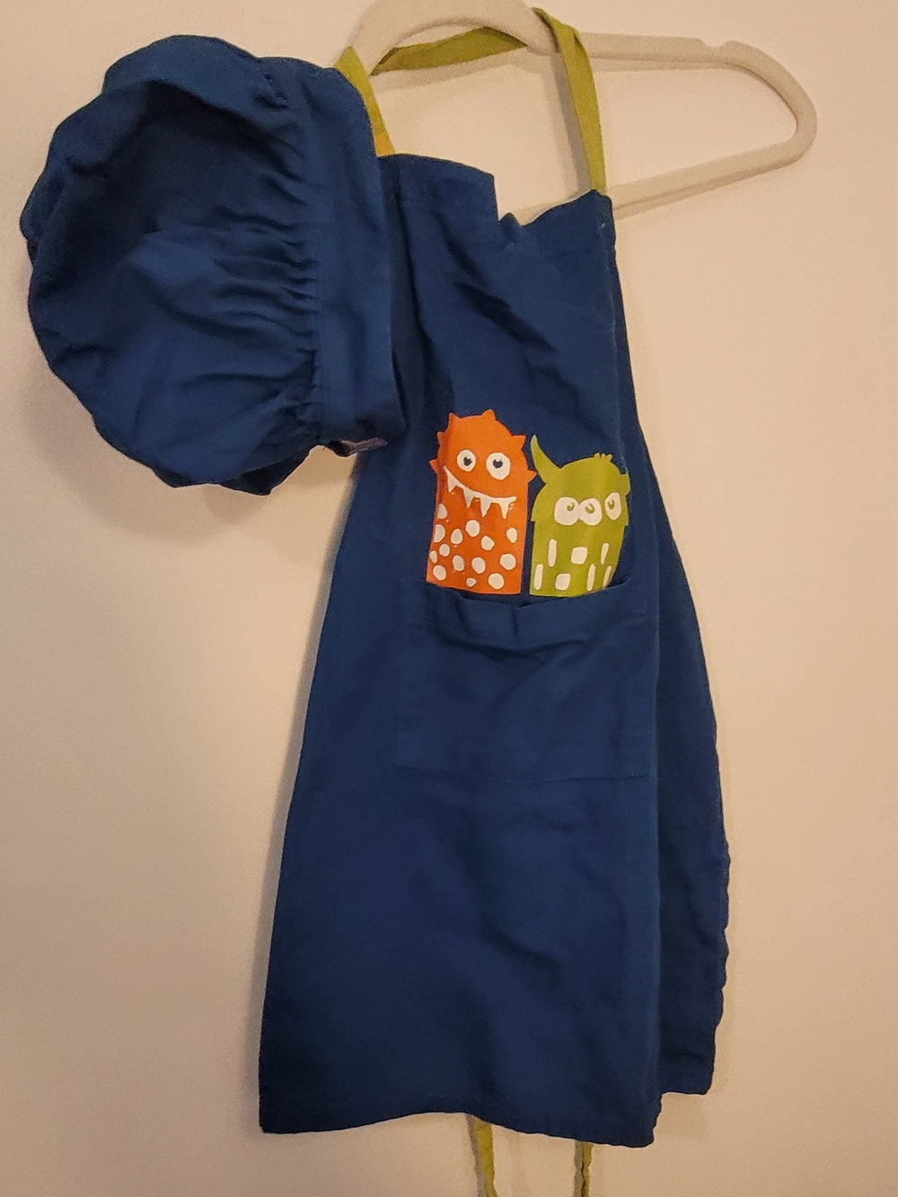 Circo Blue Kids Apron with Orange and Lime Monster Pocket and Matching Hat